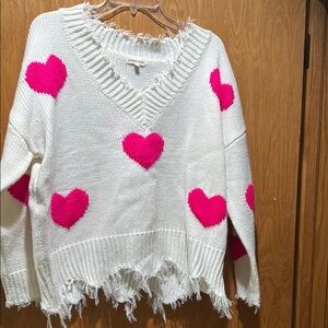 White and Pink Heart Sweater